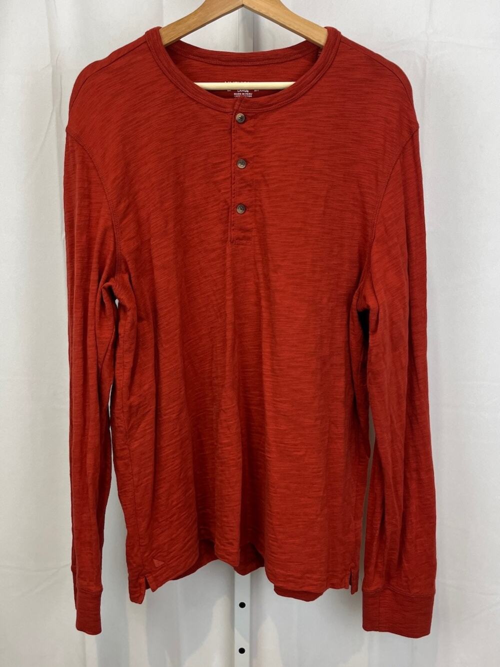 UNTUCKIT Mens L Yannik Slub Cotton Henley Shirt Long Sleeve Button Dark Orange